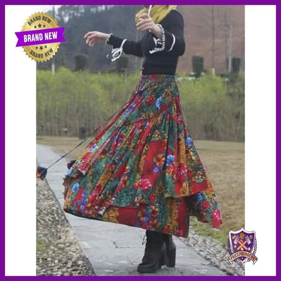 Elastic Waist A-Line Maxi Skirt Cotton Lined Pleated Retro Style